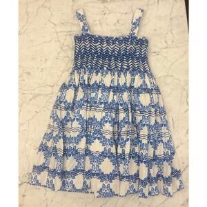 Oscar De la Renta Girls Rouched Pleated Party Dress White and Blue Print 8